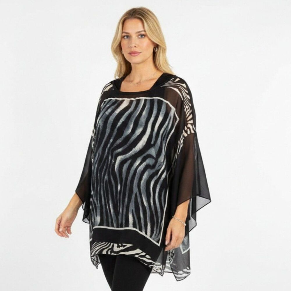 Gemstone Black & Gray Zebra Print Sheer Short Sleeve Blouse Top 2X/3X